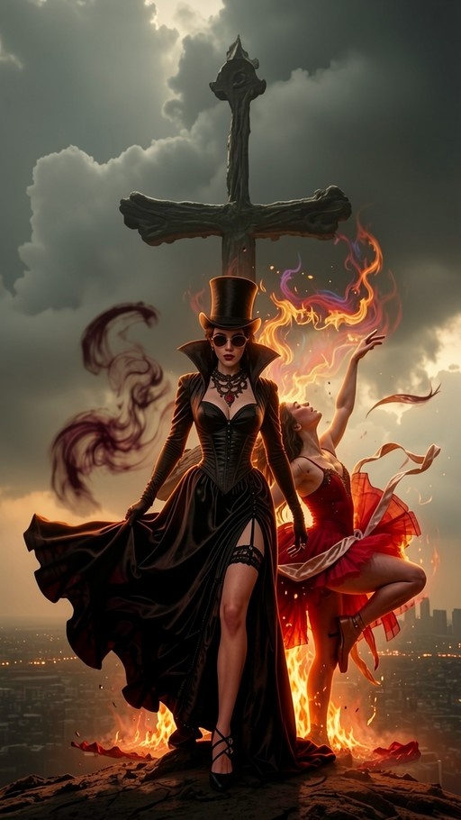 A woman in a black top hat and long coat stands on a cliff edge before a large cross, while another woman in a red dress dances in flames behind her with a city skyline below.