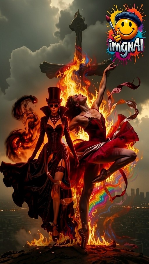 Two women stand on a cliff edge before a large flaming cross; one wears a top hat and dark coat while the other wears a red ballet outfit.