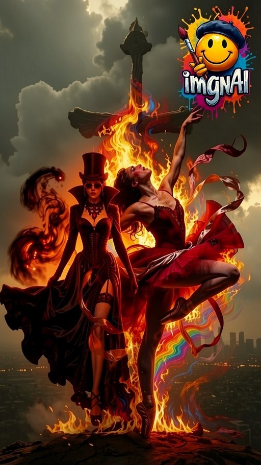 A digital illustration of a ballerina in red and a woman in a top hat standing before a large burning cross with a city skyline below.