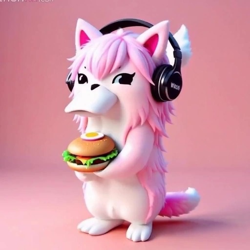 A pink furry character with headphones holds a burger while dancing in a room with silver poles and disco balls.