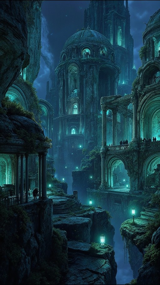 A vertical digital painting of a mystical stone city at night, featuring glowing teal lanterns and ancient domes against a dark sky.