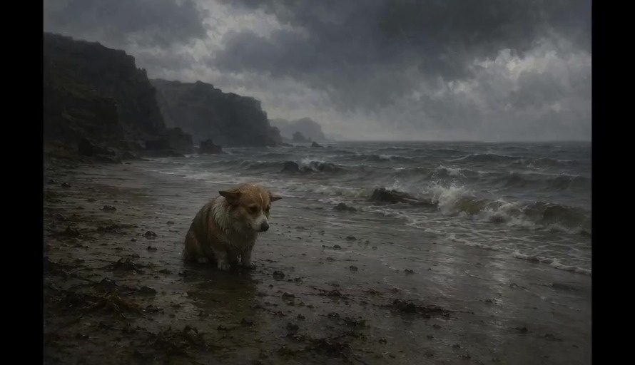 A wet brown and white dog sits on a sandy beach looking forward while dark storm clouds and lightning appear over the rough ocean in the background.