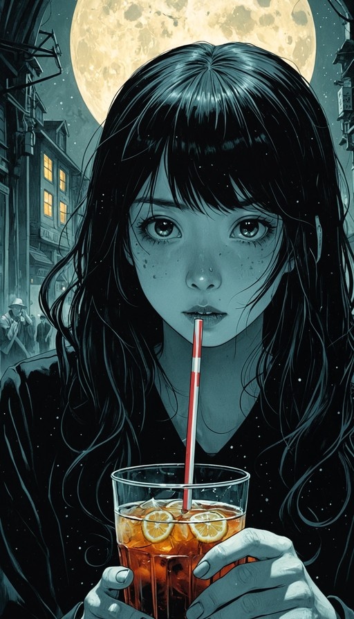 A freckled girl with long black hair drinks from a glass of iced tea with lemon slices under a large full moon on a city street.