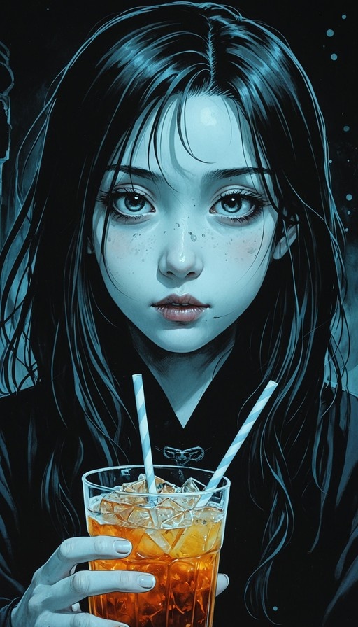 A young woman with long black hair and freckles holds a glass of iced tea with two straws, gazing forward in a blue-toned digital portrait.