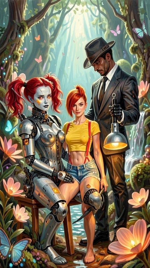 A red-haired cyborg with silver armor sits next to a woman in a yellow shirt and shorts while a man in a suit holds a lamp in a flower-filled forest.