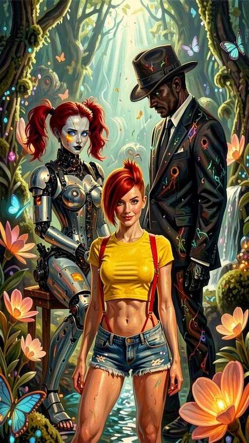 A red-haired woman in a yellow shirt stands between a metallic robot with pigtails and a man in a black suit within a magical forest filled with glowing flowers and butterflies.