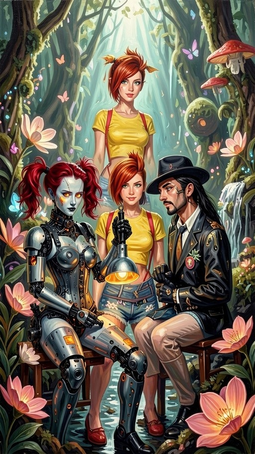 A metallic cyborg with red pigtails holding a lamp sits next to a man in a hat and two girls in yellow shirts in a magical forest.