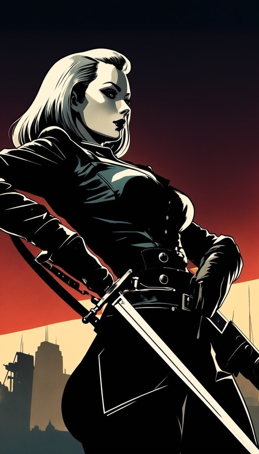 Western comics style illustration of a female warrior in a black military uniform holding a sword against a sunset cityscape.