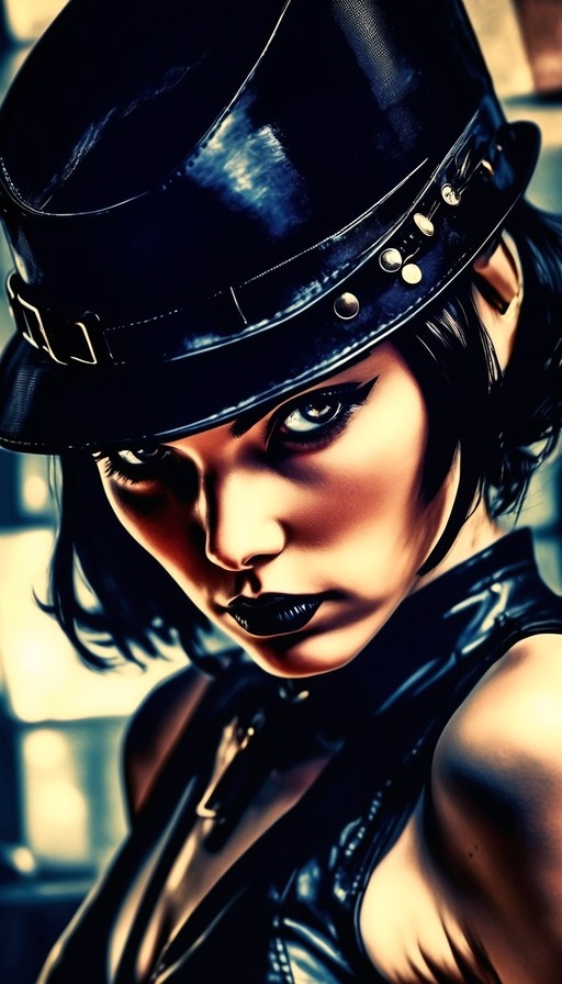 A close-up portrait of a woman with short black hair and dark lipstick wearing a shiny black hat and looking directly at the viewer.
