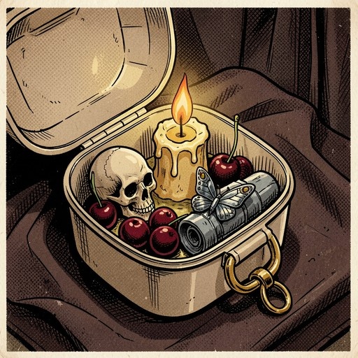 An open vintage metal lunchbox containing a human skull, red cherries, a lit dripping candle, and a rolled scroll with a butterfly resting on it.