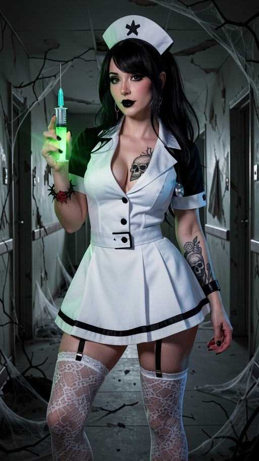 A woman in a gothic nurse costume holding a glowing green syringe in a room covered with spiderwebs.