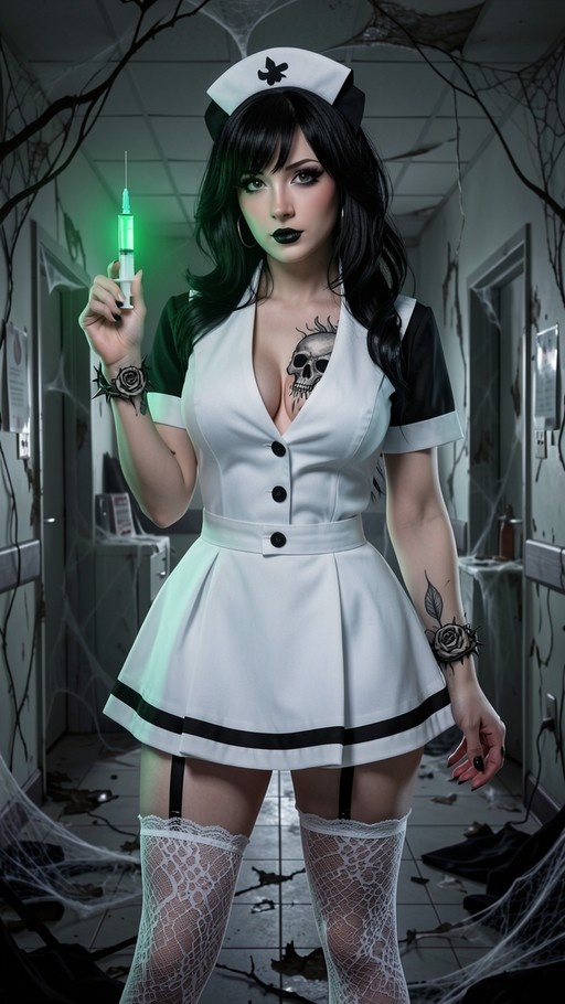 A woman with long black hair and pale skin wearing a white nurse uniform holds a glowing green syringe in a cobweb-covered hallway. She has a skull chest tattoo, rose wrist tattoos, and wears fishnet stockings.