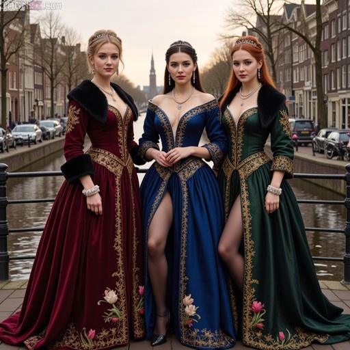 Three women in red, blue, and green medieval dresses with gold embroidery and tiaras standing on a bridge over a canal.