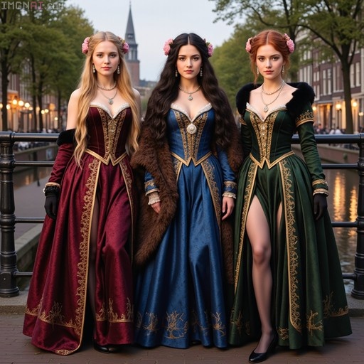 Three women in ornate red, blue, and green velvet gowns with gold trim standing by a canal
