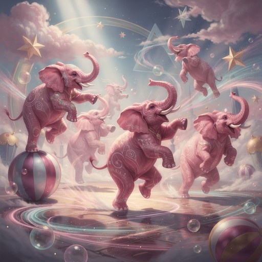 A group of pink elephants performing in a magical sky circus, with one balancing on a large striped ball while others dance among floating bubbles and stars.
