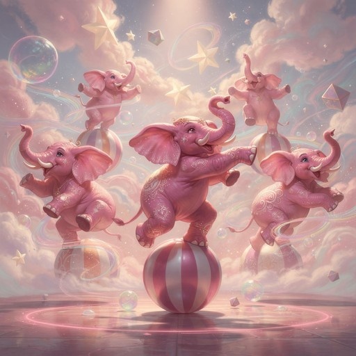 Five pink elephants balancing on striped balls in a magical cloud-filled sky with stars and bubbles.