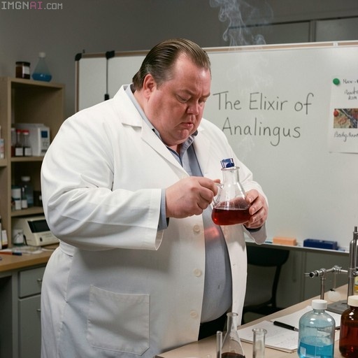 A heavyset man in a white lab coat holds a glass flask with red liquid and smoke rising from it. He stands in front of a whiteboard that reads "The Elixir of Analings".