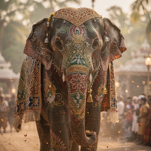 An elaborately decorated elephant with intricate face paint and golden bells stands in a festive outdoor setting.