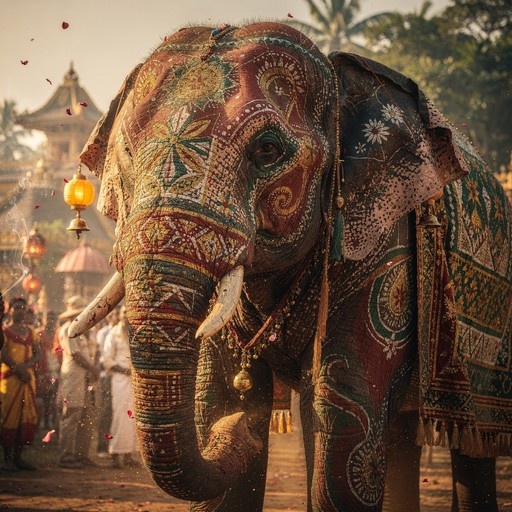 A close-up of an Asian elephant covered in intricate colorful patterns and jewelry, standing amidst falling flower petals and hanging lanterns during a festival.