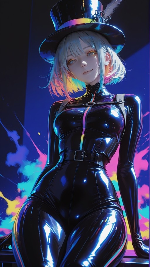 Anime girl with short white hair tipped in pink and yellow wearing a shiny black latex bodysuit and top hat against a neon background.