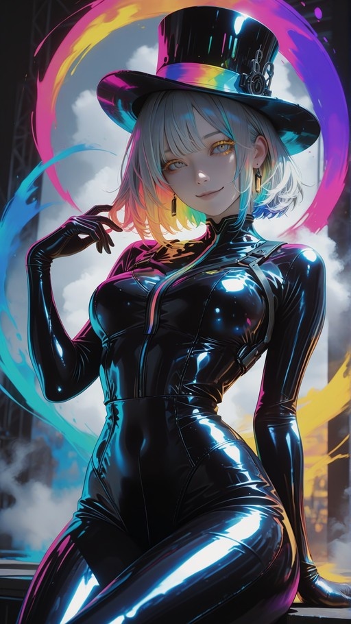 An anime-style woman with short multi-colored hair wears a shiny black latex bodysuit and a large top hat while posing against a swirling colorful light ring.