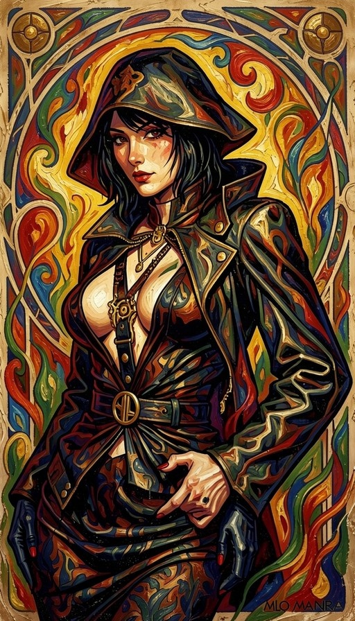 A digital painting of a woman with black hair and red lipstick wearing an open hooded coat with gold details against a colorful Art Nouveau background.