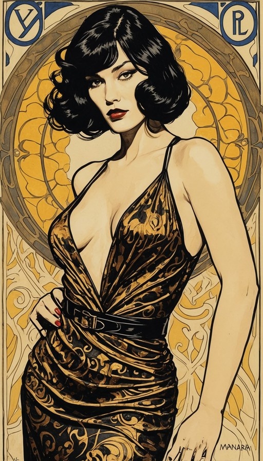 A stylized Art Nouveau portrait of a woman with short black hair and red lips wearing a gold and black patterned dress.