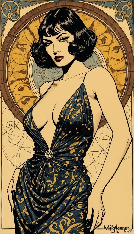 Art Nouveau style portrait of a woman with short black hair and red lips wearing a dark blue patterned dress.