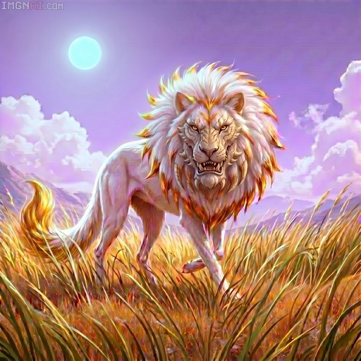 A white and gold lion with a fiery tail walks through tall grass under a bright moon in a purple sky.