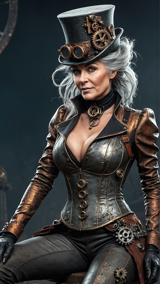 A realistic portrait of a mature woman with long silver hair sitting in a steampunk outfit featuring a gear-adorned top hat, goggles, and a detailed leather corset.