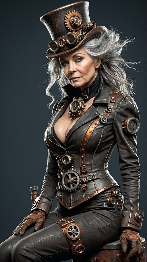 A mature woman with long white hair wearing a steampunk outfit with a leather jacket, brass gears, and a top hat with goggles.