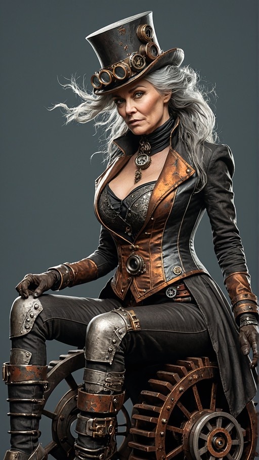 A realistic digital illustration of a mature woman with long white hair wearing a steampunk outfit including a top hat with goggles and a leather jacket, sitting on large metal gears.