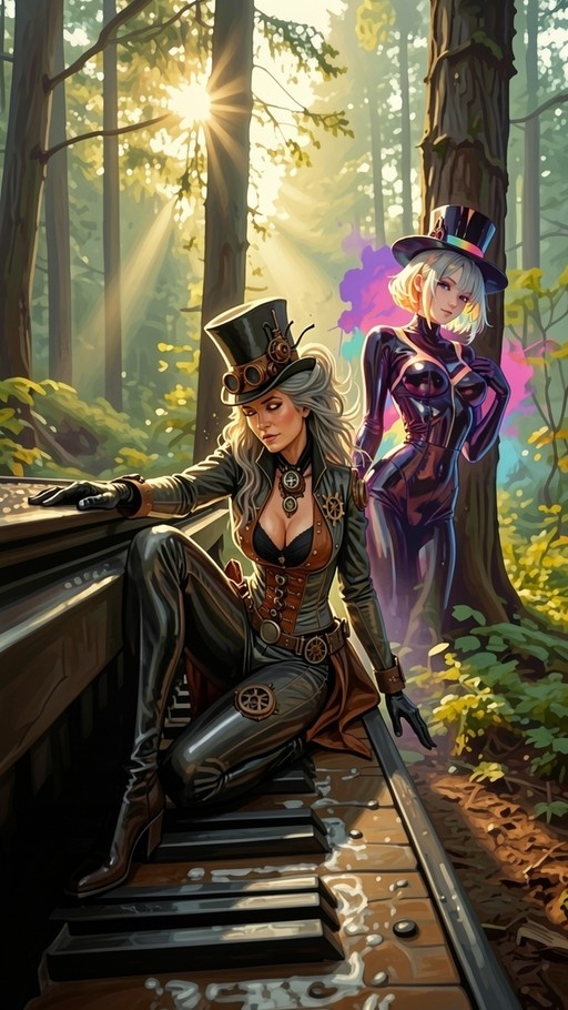 Two women in top hats pose in a forest; one in steampunk gear sits on piano keys while the other in a purple bodysuit stands near a tree with colorful smoke.