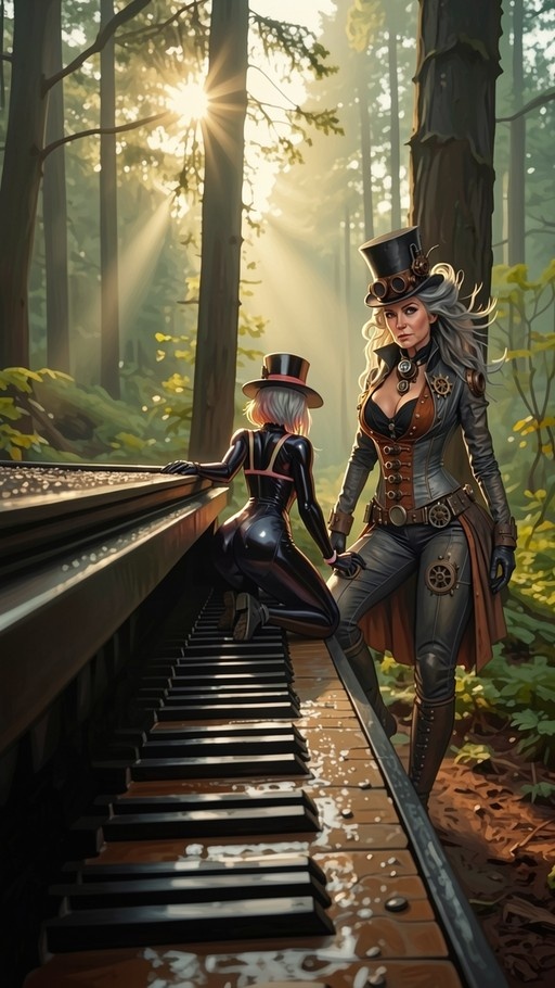 Two women in steampunk attire on piano key tracks in a sunlit forest.