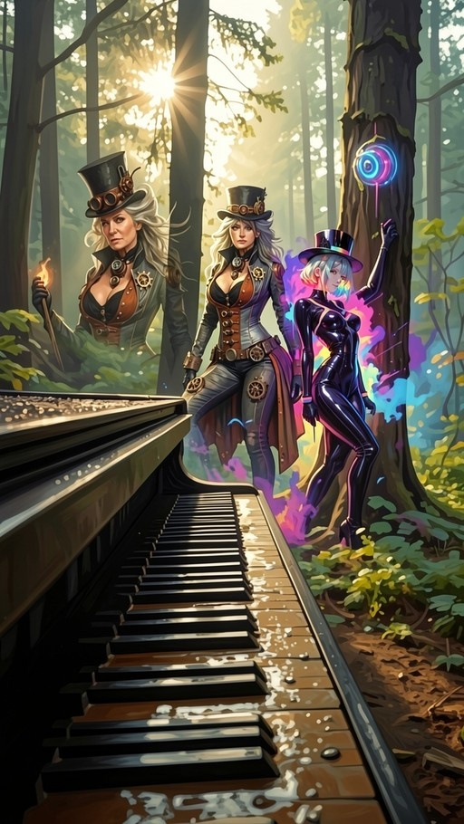 Three women in steampunk clothing and top hats standing near a large piano keyboard in a forest, with one touching a glowing blue spiral on a tree.