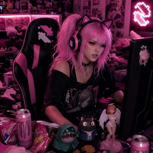 A pink-haired girl wearing cat ear headphones sits at a cluttered desk with figurines and energy drinks, looking frustrated and shouting at her computer monitor in a neon-lit room.