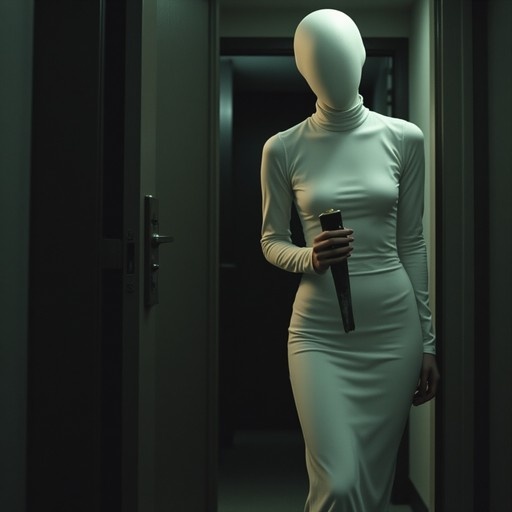 A pale, featureless humanoid in a tight white long-sleeved dress stands in a dimly lit doorway holding a dark object.