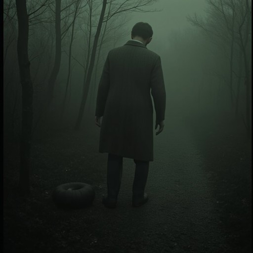 An eerie man in a long dark coat stands with his back to the camera on a path in a foggy forest, next to an old tire lying on the ground.