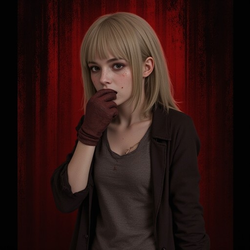 A realistic portrait of a young woman with blonde hair and freckles, wearing a black jacket and grey shirt, looking at the viewer while covering her mouth with a blood-stained glove against a red background.