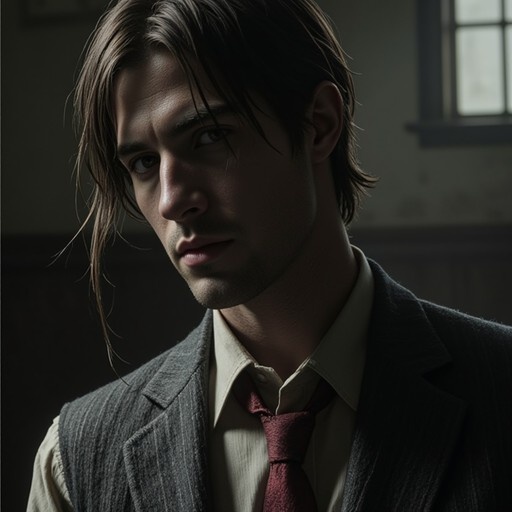 A realistic portrait of a man with long brown hair and stubble wearing a grey vest and red tie, looking directly at the camera in a dimly lit room.