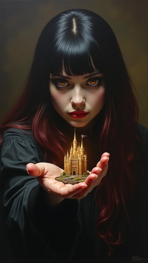 A young woman with long black and red gradient hair and orange eyes holds a miniature glowing golden castle in her cupped hands.