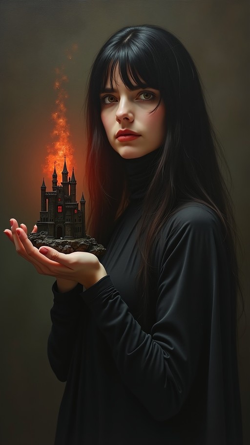 A young woman with long black hair and red nail polish holds a small, detailed castle model on a rocky base in her hand, with orange flames rising from its towers against a dark background.