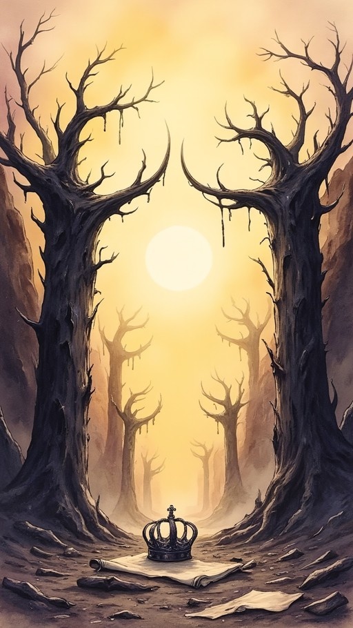 A black crown sits on an open book in the foreground of a desolate forest framed by two large, gnarled dead trees under a bright yellow sky.