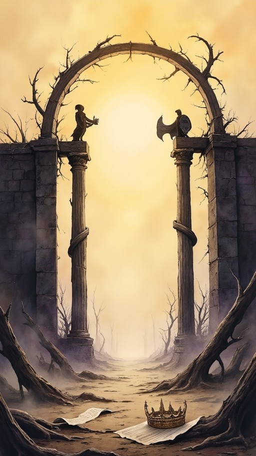 A golden crown lying on an open scroll in the foreground of ancient stone ruins under a yellow sky, with figures standing on pillars holding shields and axes.