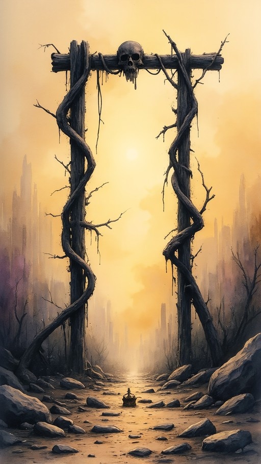 A weathered wooden archway wrapped in thick vines with a human skull resting on top, framing a rocky path leading to distant misty ruins under a golden sky.