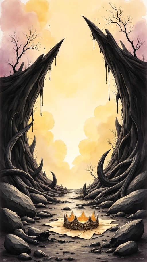 A golden crown sits on a piece of paper in the foreground of a rocky path, framed by two large dark twisting tree trunks against a bright yellow sky.