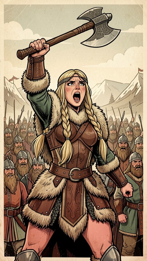 A blonde woman with twin braids in fur-trimmed armor raises a large axe while shouting, surrounded by an army of bearded warriors in front of snowy mountains.