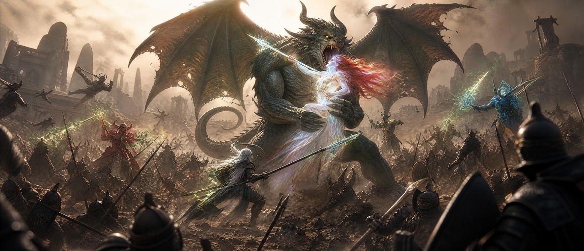 A colossal green dragon with tattered wings holds a glowing woman with long red hair in its claws while roaring. An armored knight charges forward with a polearm amidst a chaotic battlefield of soldiers and ruins.