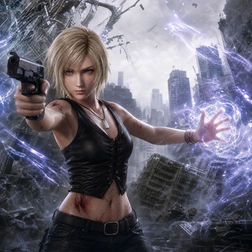Aya Brea from Parasite Eve holding a handgun and projecting purple energy in a ruined city.