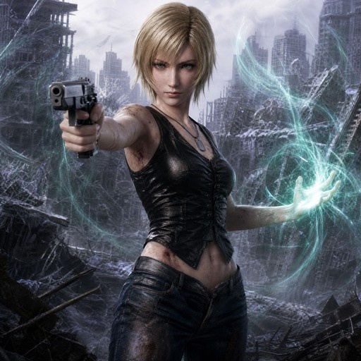 Aya Brea from Parasite Eve holding a gun and glowing green energy in a ruined city.